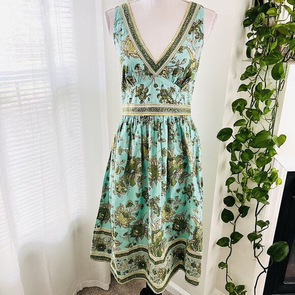 Lola P. Turquoise Blue Floral 100% Cotton Fit & Flare Boho Earthy Dress - Large - Picture 1 of 7